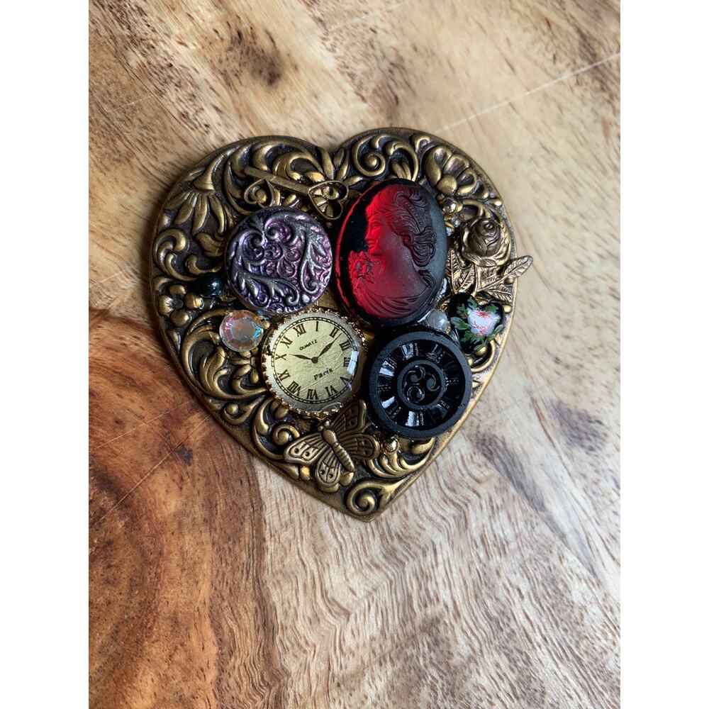 Steampunk Broach Heart Gems Clock Rose Butterfly Cameo Gold 1 3/4 x 2"